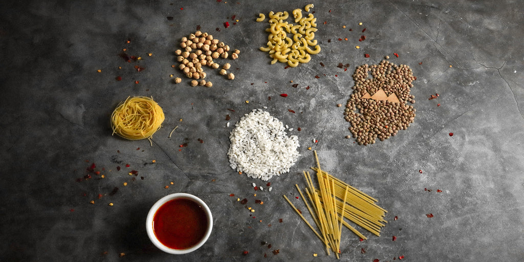 flat lay of raw Koshari ingredients