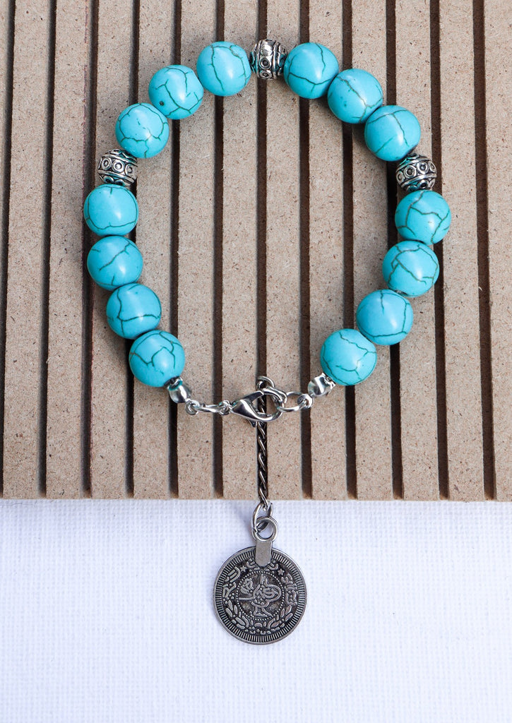 Gypsy Coin Bracelet - Turquoise on wooden tray