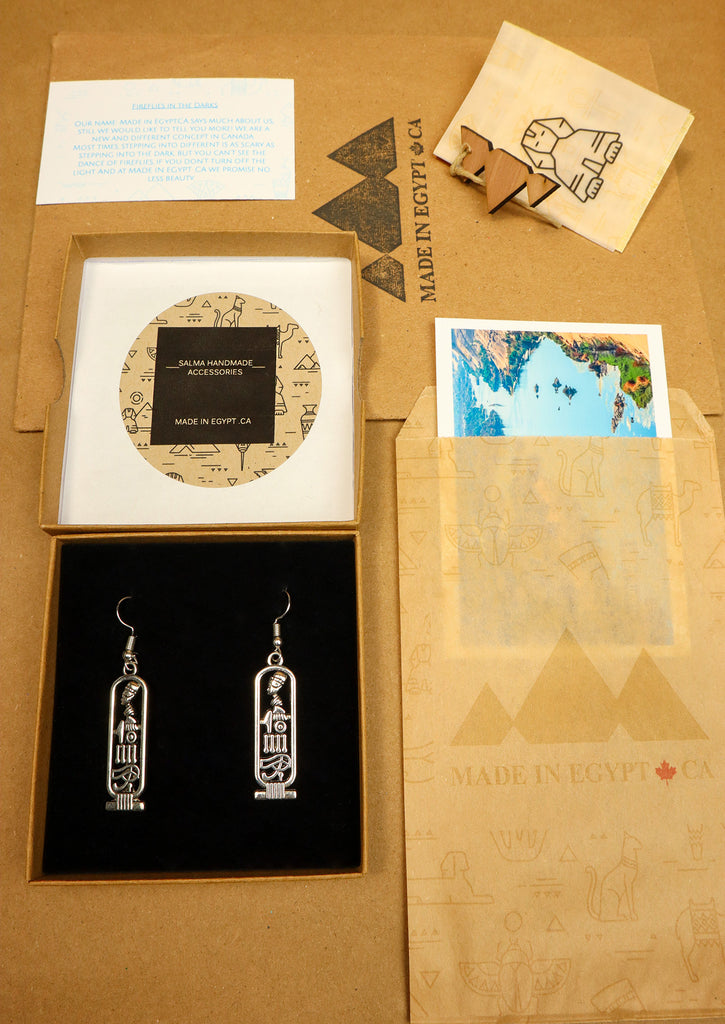 Eco friendly packaging for Cartouche earrings-papyrus card, photo, kraft mailer and kraft box