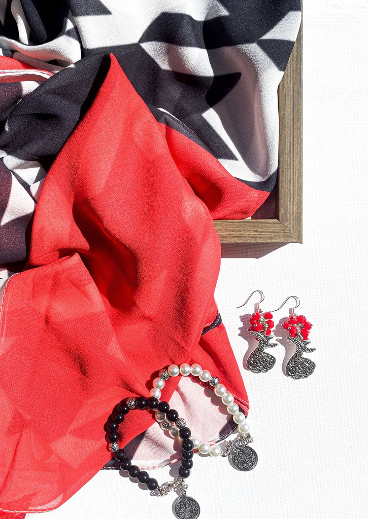 Moody Dramatic Scarf with tamboura earrings and black and white gypsy coin bracelets 