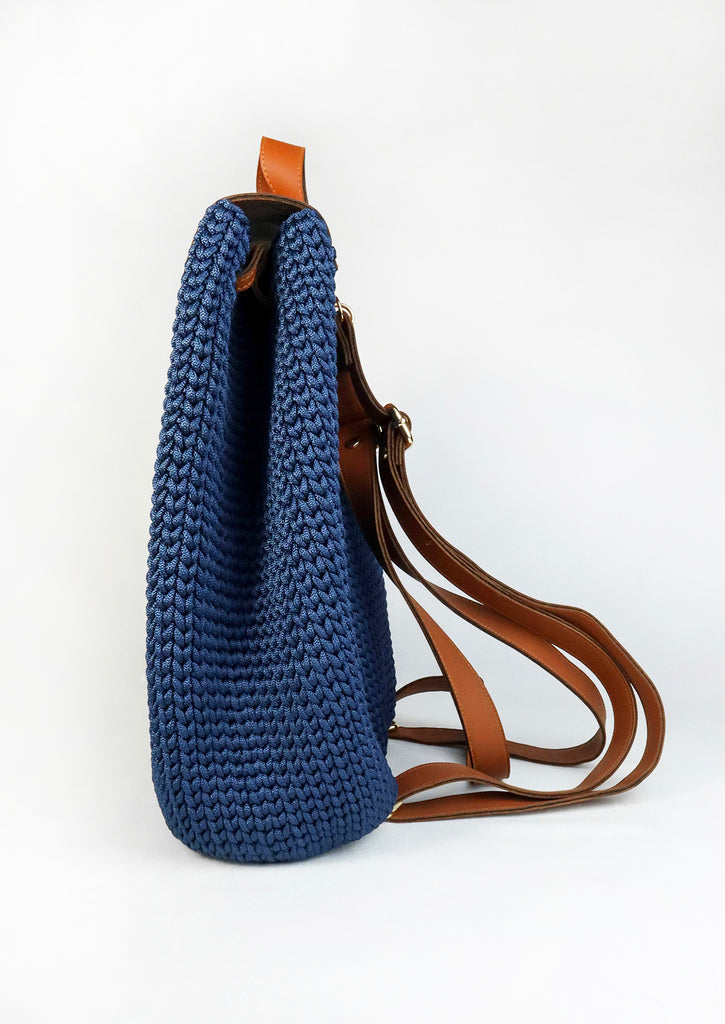 Handmade Crochet Backpack - Deep Blue - right side