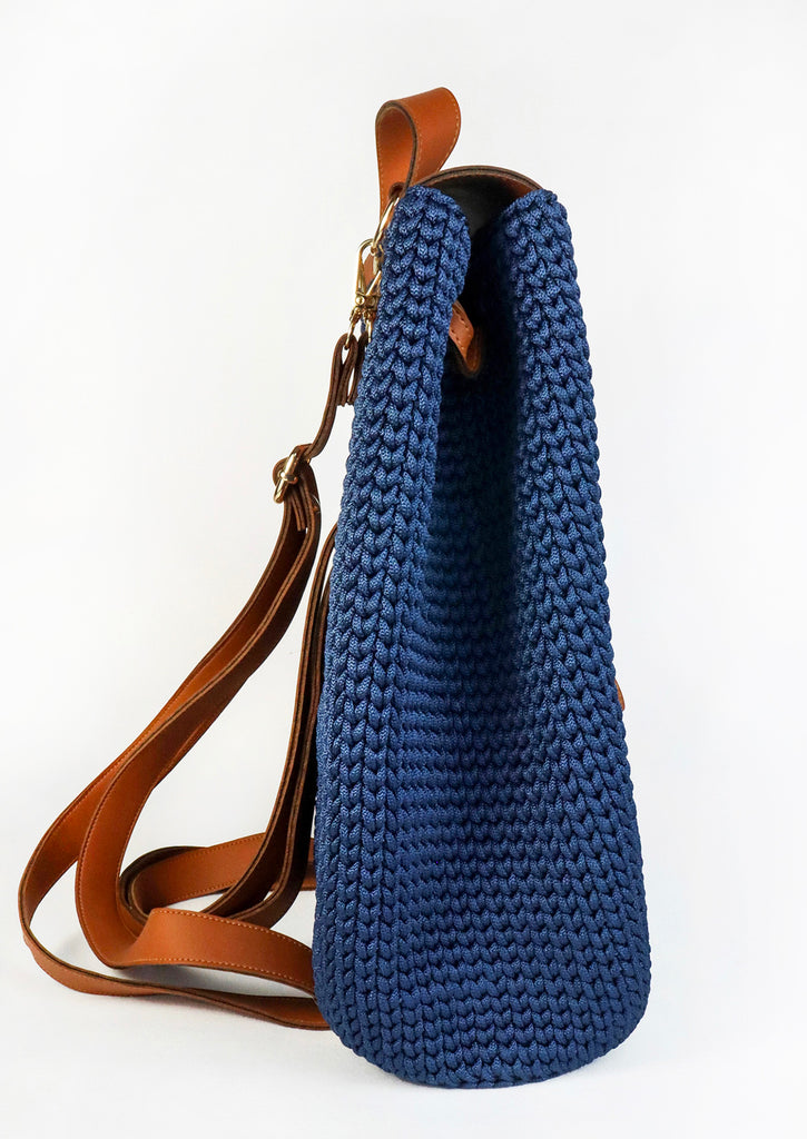 Handmade Crochet Backpack - Deep Blue - left side